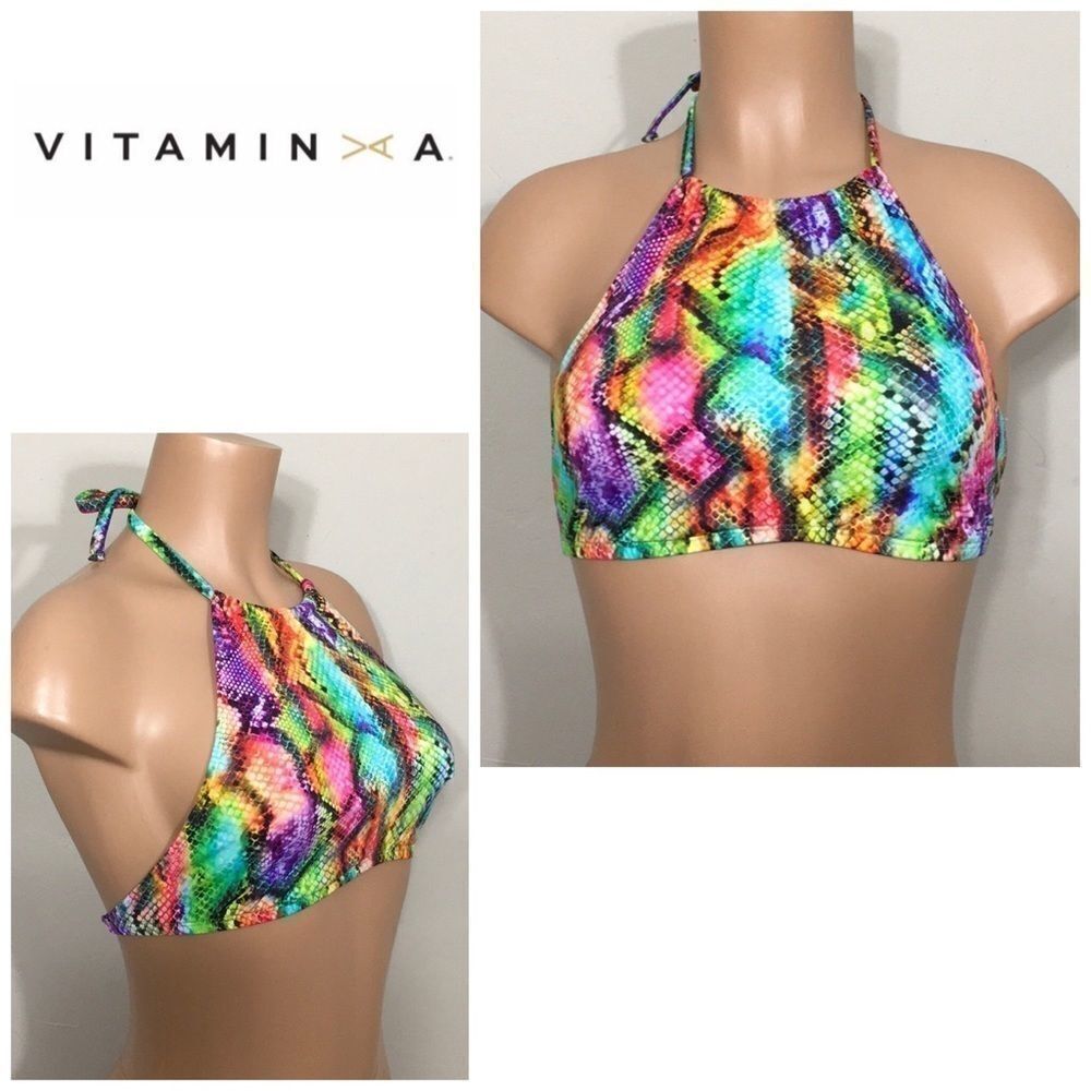 New. Vitamin A rainbow snakeskin halter bikini top.